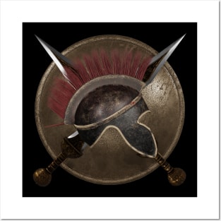 Spartan helmet with swords and shield Posters and Art
